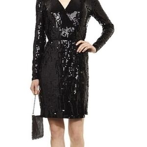 Black Sequin Wrap-Style Long Sleeve Dress